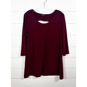 Alisha.D Women's Cut Out Scoop Neck 3/4 Sleeve Tunic Top Blouse Burgundy Medium